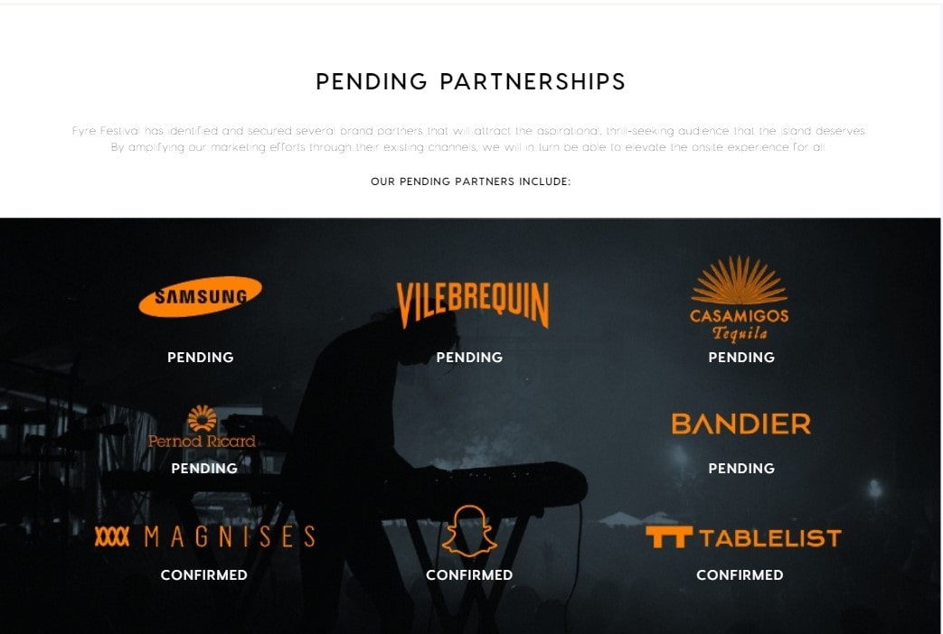 Pending Partnership page from the Fyre Festival Website