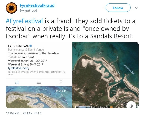 A tweet from the Fyre Festival Fraud Twitter account