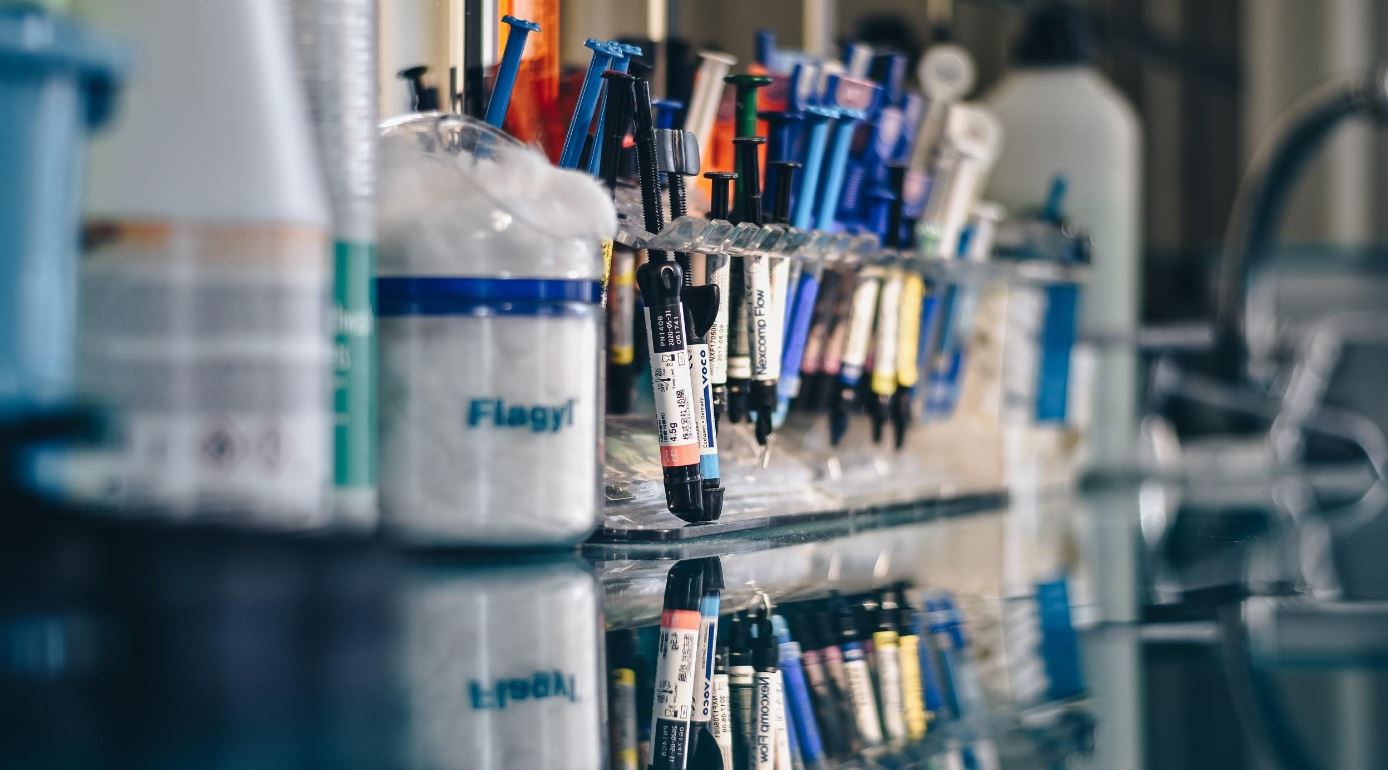 Sorted medical objects on the shelf